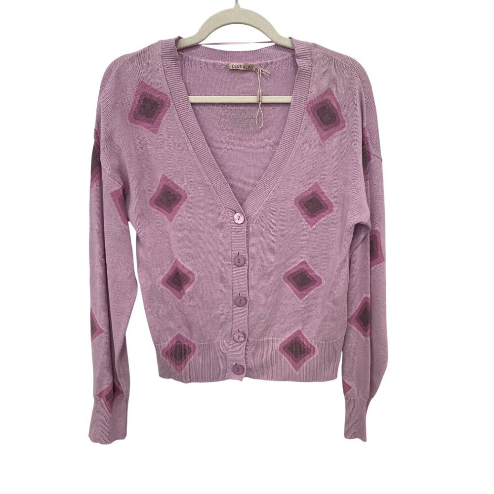 Esqualo Cardigan Sweater Size Medium VNeck Button Front Diamond Pattern Cozy NEW